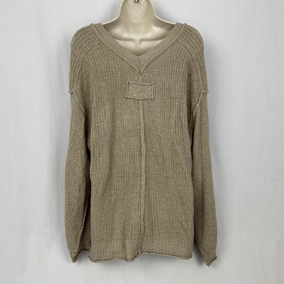 POL Sweater Womens Medium Taupe Double V Neck Oversized Slouchy Chunky Open Knit - Picture 7 of 14
